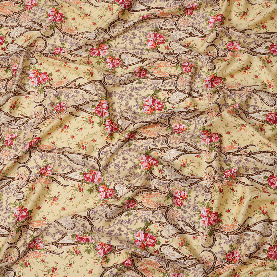 Yellow Floral Cotton Satin Fabric with Ornate Vine Design – 140 cm Wide-D21945