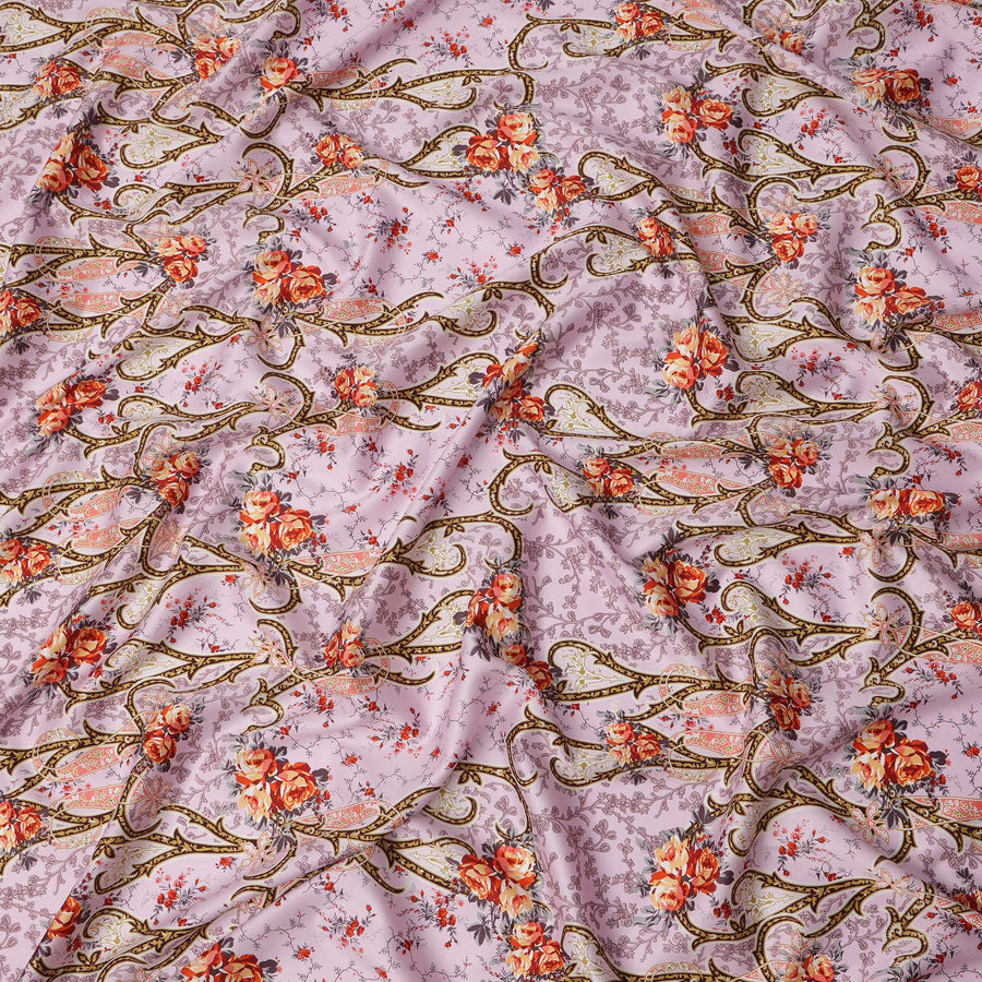 Lilac Floral Cotton Satin Fabric with Ornate Vine Design – 140 cm Wide-D21946