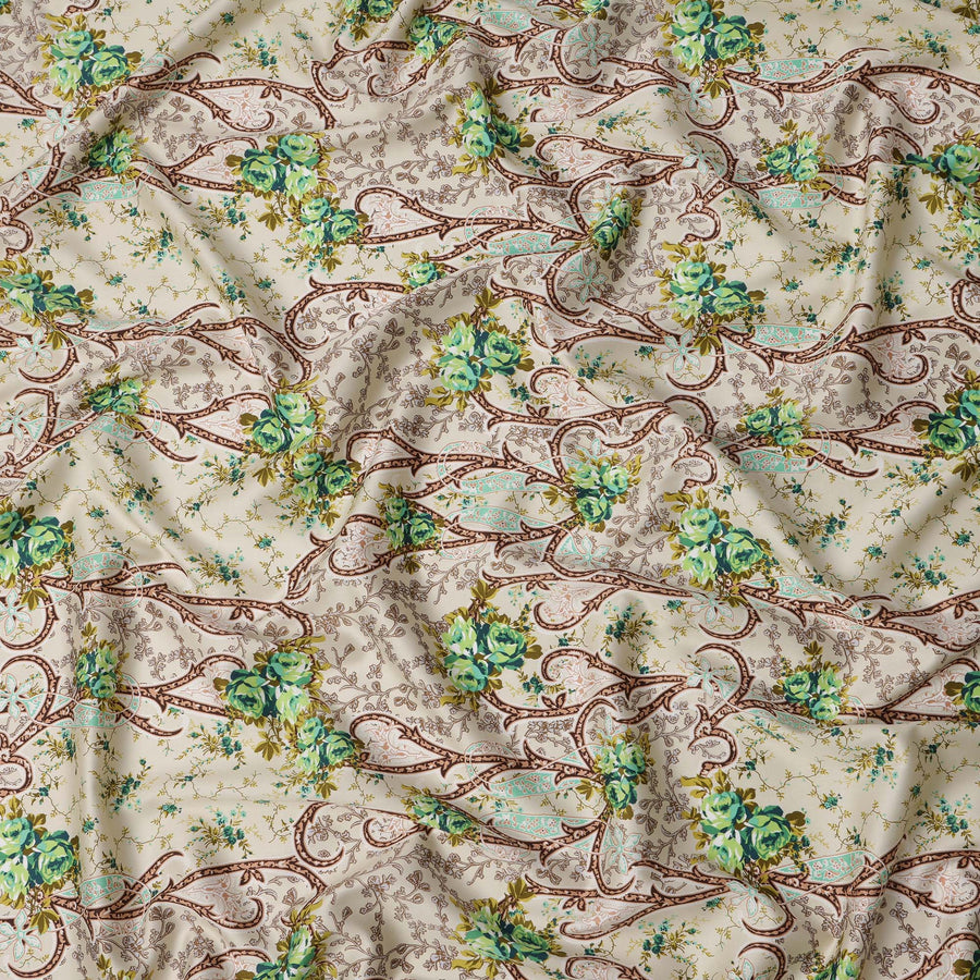 Beige Floral Cotton Satin Fabric with Ornate Vine Design – 140 cm Wide-D21947