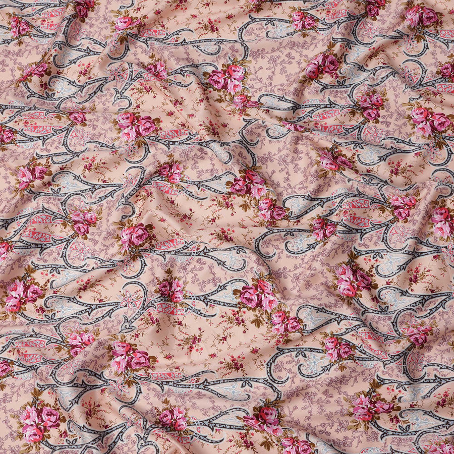 Peach Floral Cotton Satin Fabric with Ornate Vine Design – 140 cm Wide-D21948