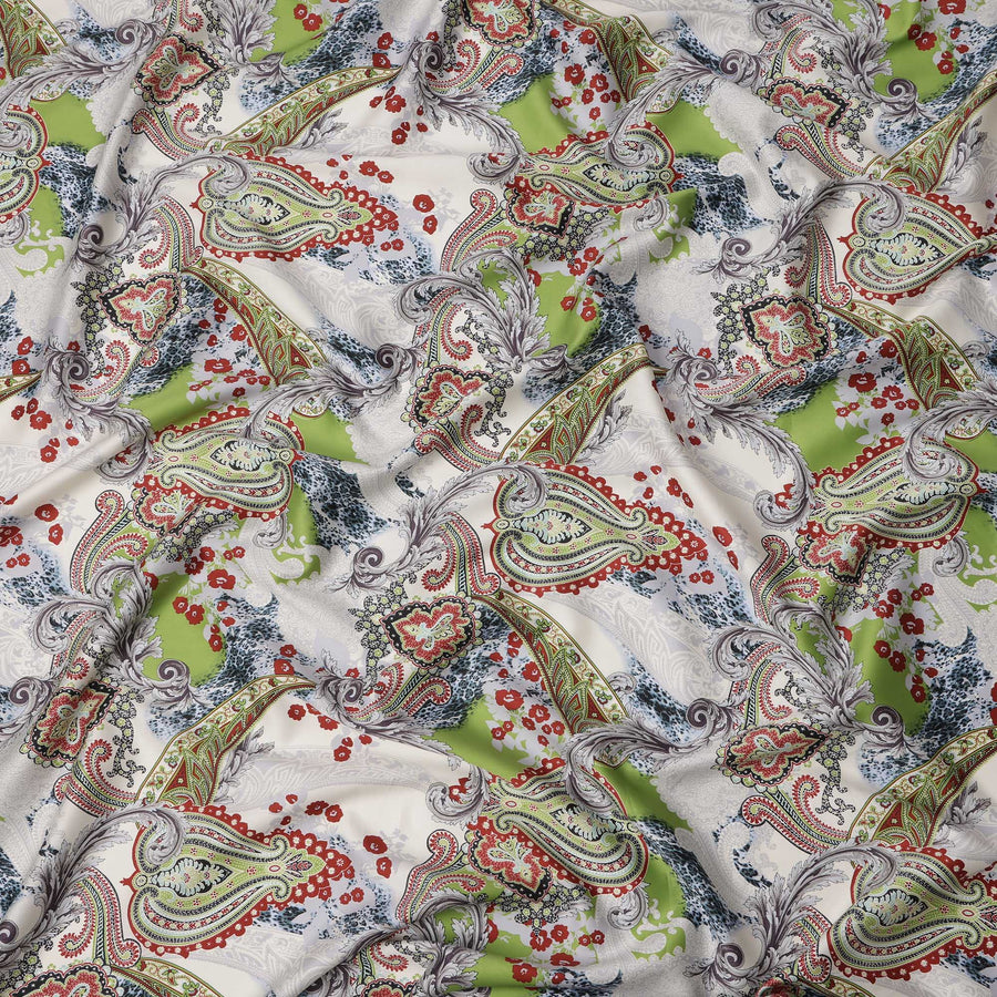 White & Green Paisley Cotton Satin Fabric with Floral Accents – 140 cm Wide-D21949
