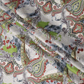 White & Green Paisley Cotton Satin Fabric with Floral Accents – 140 cm Wide-D21949
