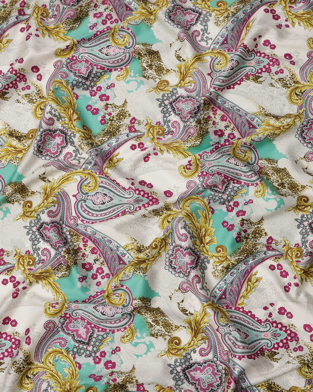 White & Turquoise Paisley Cotton Satin Fabric with Ornate Design – 140 cm Wide-D21950 - Regal Fabrics