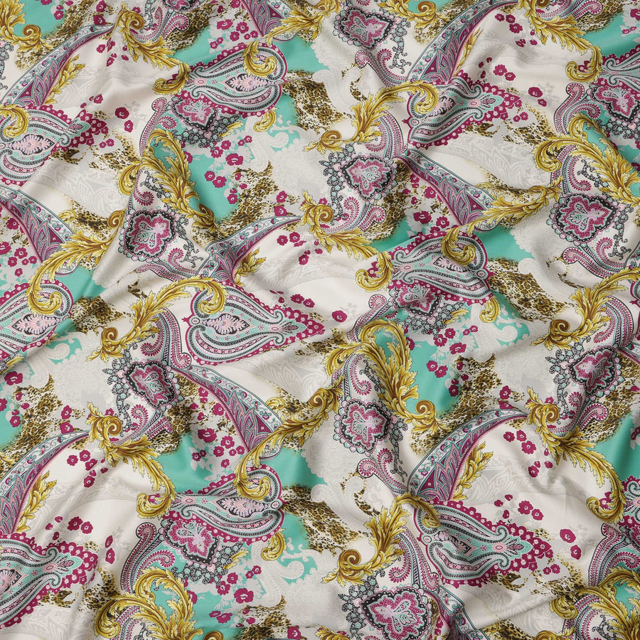 قماش ساتان قطني أبيض وفيروزي بنقشة بيزلي مزخرفة - عرض 140 سم - D21950