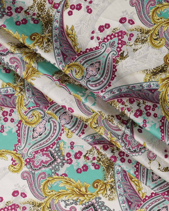 White & Turquoise Paisley Cotton Satin Fabric with Ornate Design – 140 cm Wide-D21950 - Regal Fabrics