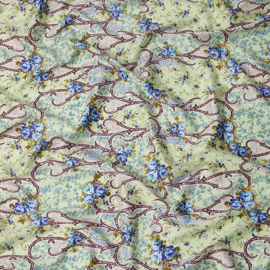 Mint Green Floral Cotton Satin Fabric with Ornate Vine Design – 140 cm Wide-D21951