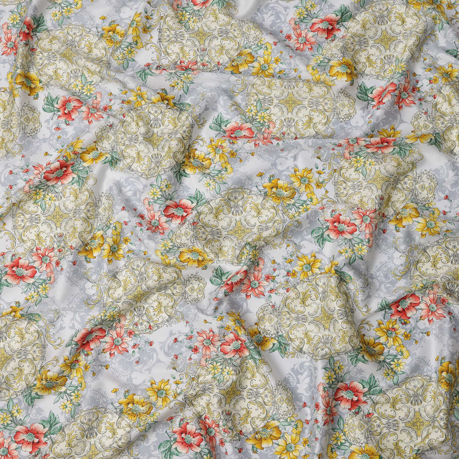 White Floral Cotton Satin Fabric with Ornate Yellow & Red Design – 140 cm Wide-D21953