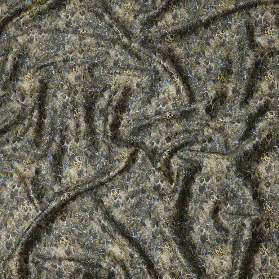 Olive Green Floral Cotton Satin Fabric with Abstract Leaf Design – 110 cm Wide-D21956