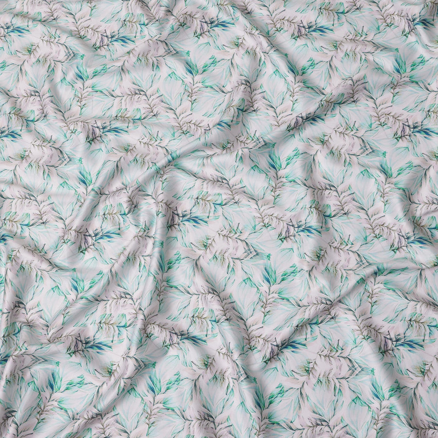 White & Aqua Leaf Print Cotton Satin Fabric – 110 cm Wide-D21958