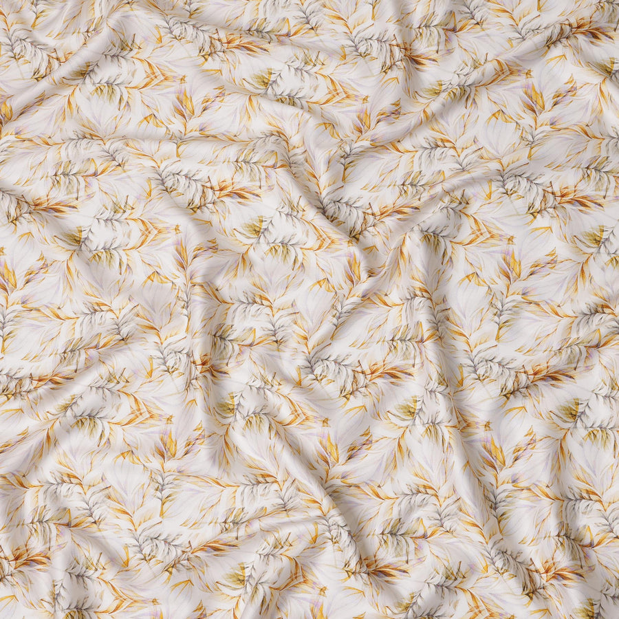 قماش قطني ساتان بطبعة أوراق شجر باللونين الأبيض والذهبي - عرض 110 سم - D21959