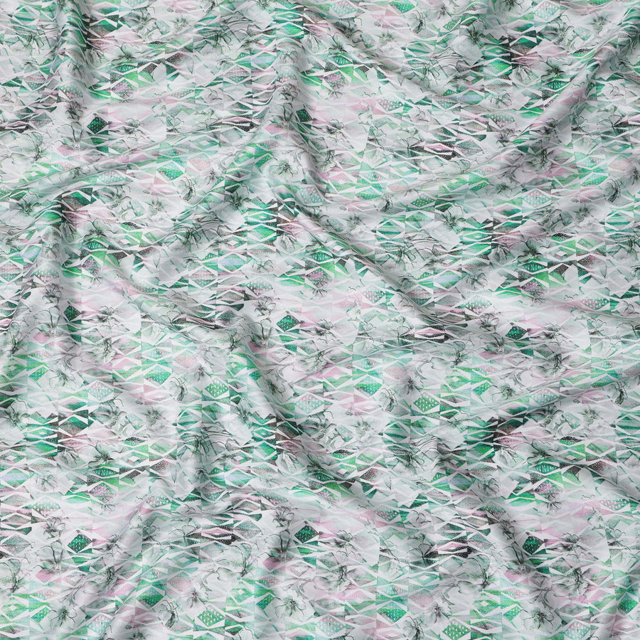 قماش ساتان قطني أبيض وأخضر بتصميم هندسي تجريدي - عرض 110 سم - D21961