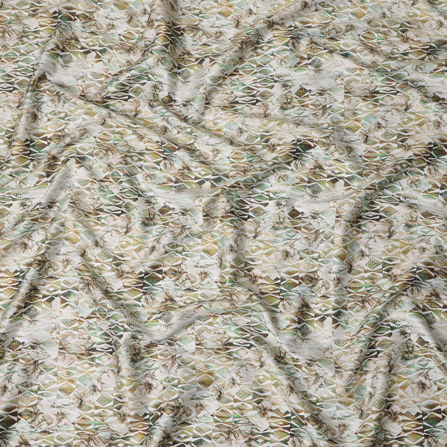 Beige & Green Geometric Cotton Satin Fabric with Abstract Design – 110 cm Wide-D21964