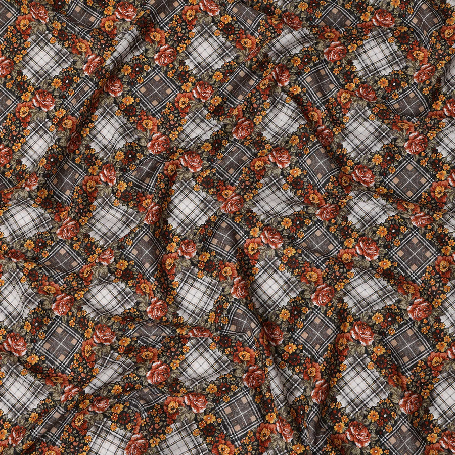 قماش قطني منقوش بنقشة زهور باللونين البني والبرتقالي - عرض 140 سم - D21965