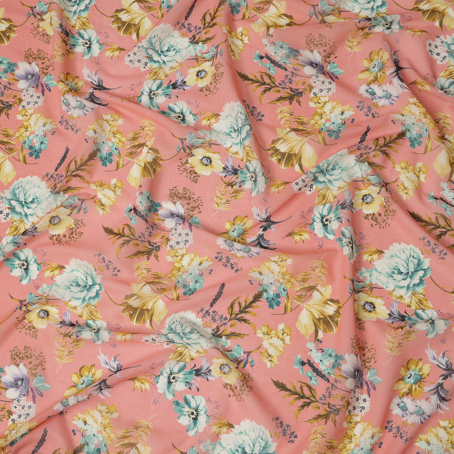 Peach Floral Cotton Voile Fabric with Botanical Print – 140 Cm Wide-D21974