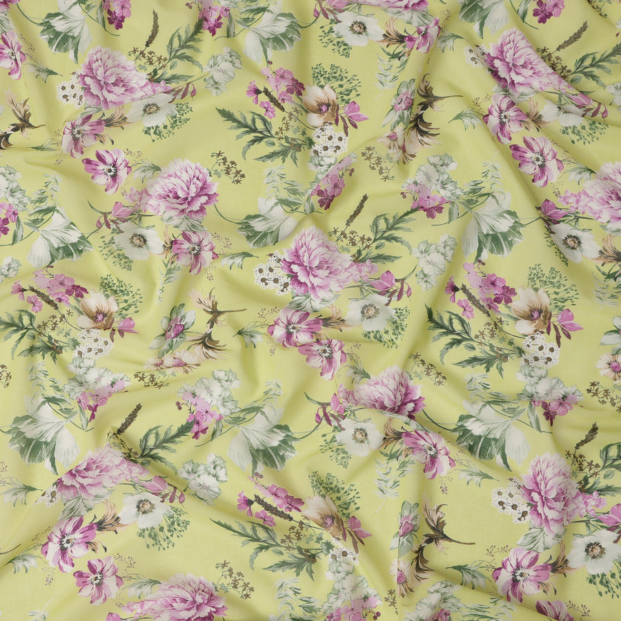 قماش قطني أصفر مزهر بطبعة نباتية - عرض 140 سم - D21975