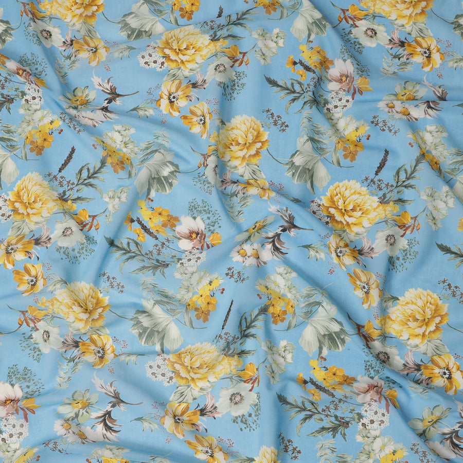 Sky Blue Floral Cotton Voile Fabric with Botanical Print – 140 Cm Wide-D21976