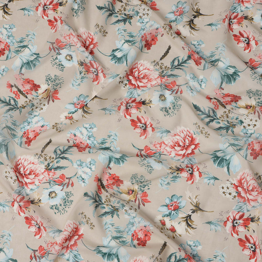 قماش فوال قطني بيج مزهر بطبعة نباتية - عرض 140 سم - D21977