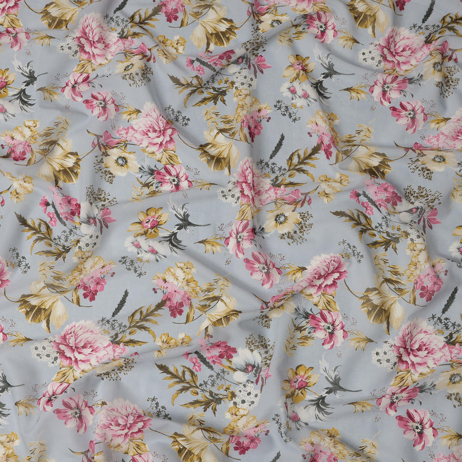 Light Blue Floral Cotton Voile Fabric with Botanical Print – 140 cm Wide-D21978