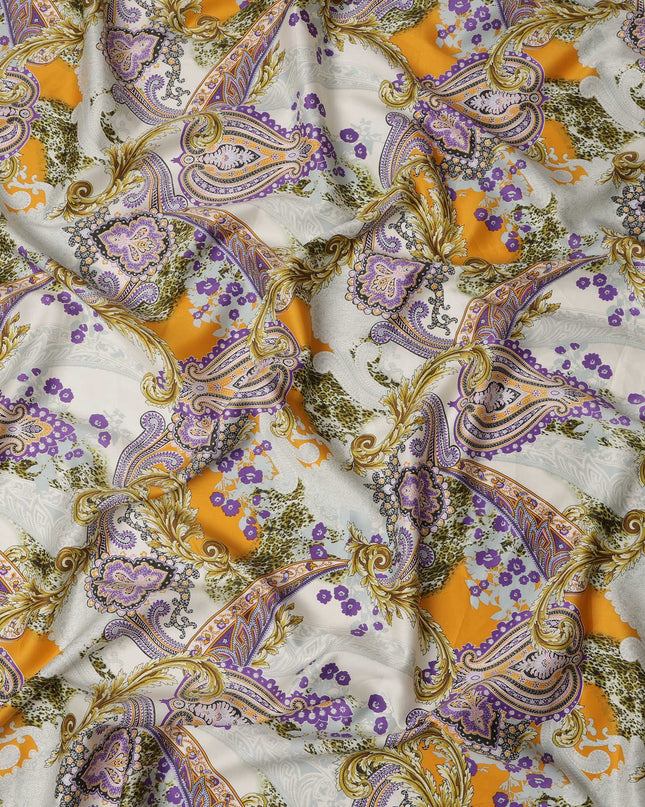 White & Mustard Paisley Cotton Satin Fabric with Ornate Design – 110 cm Wide-D21979 - Regal Fabrics