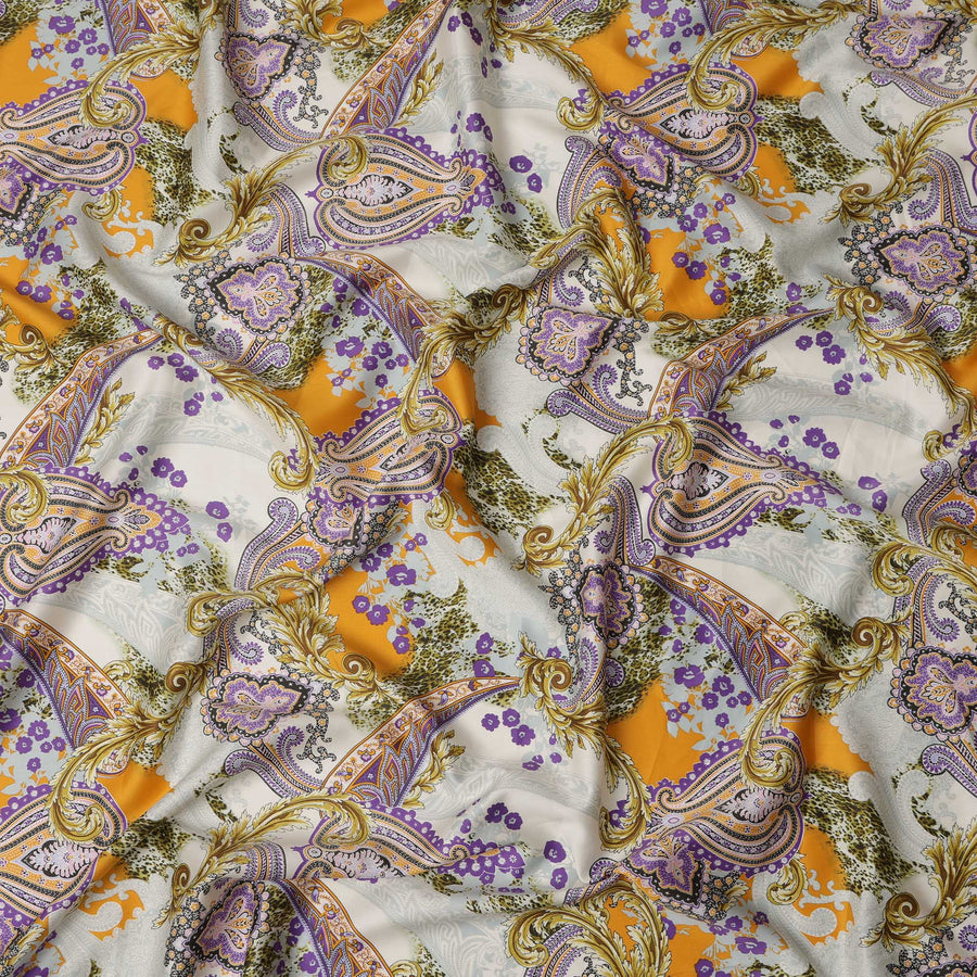 White & Mustard Paisley Cotton Satin Fabric with Ornate Design – 110 cm Wide-D21979