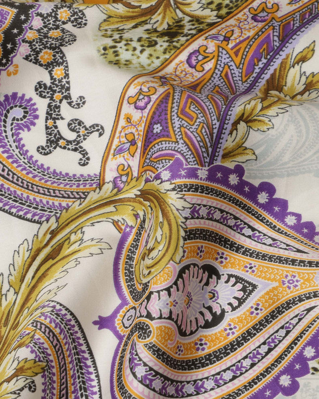 White & Mustard Paisley Cotton Satin Fabric with Ornate Design – 110 cm Wide-D21979 - Regal Fabrics