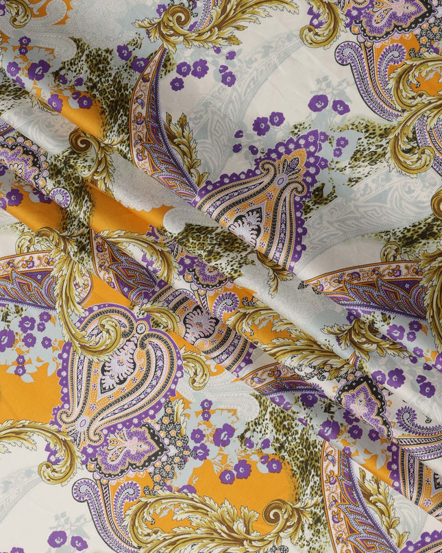 White & Mustard Paisley Cotton Satin Fabric with Ornate Design – 110 cm Wide-D21979 - Regal Fabrics