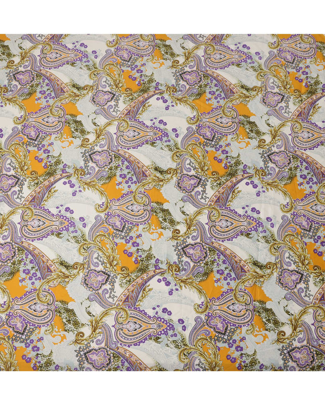White & Mustard Paisley Cotton Satin Fabric with Ornate Design – 110 cm Wide-D21979 - Regal Fabrics