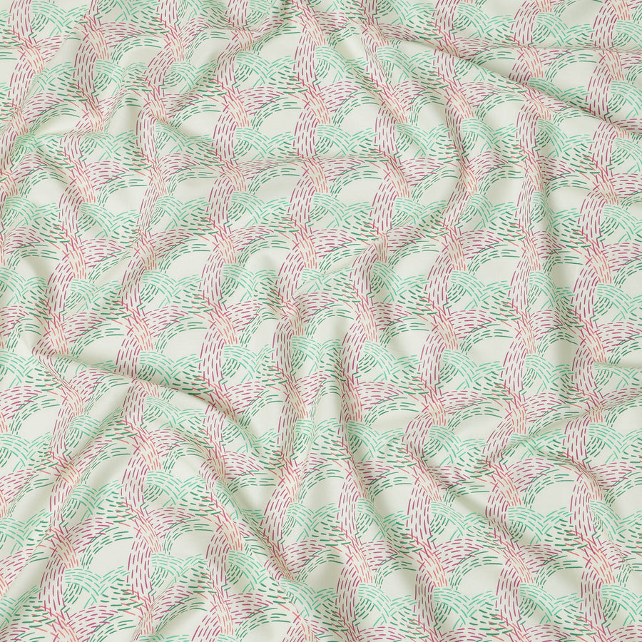 قماش قطني إسباني فاخر مطبوع عليه أعشاب بحرية، باللونين الأخضر النعناعي والمرجاني، بلمسة نهائية من الساتان - عرض 140 سم، إسبانيا - D22047