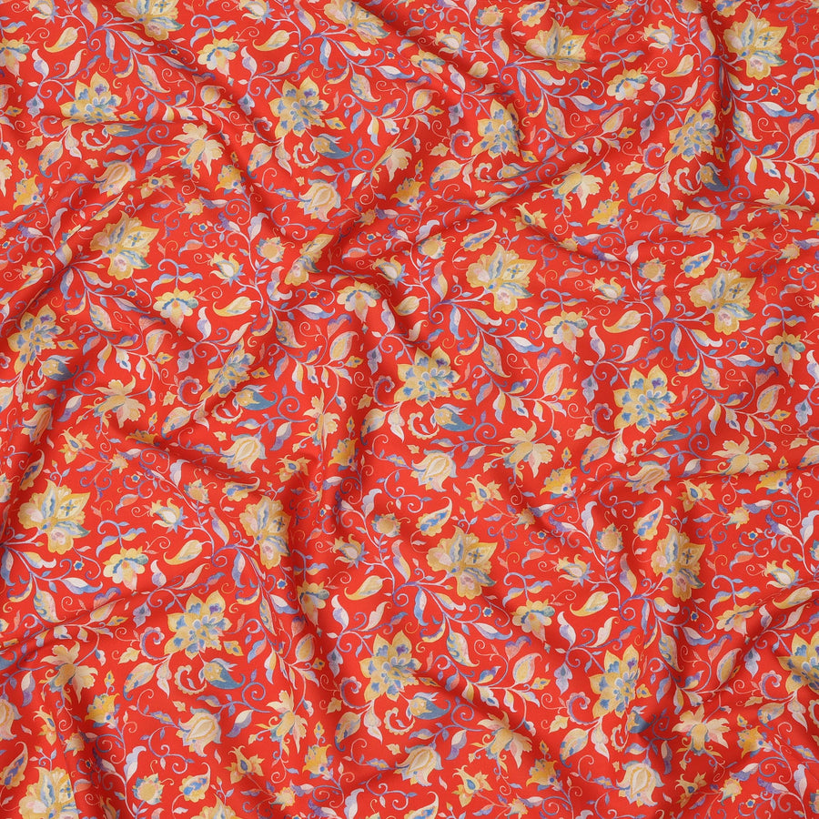قماش قطني إسباني فاخر مطبوع عليه عشب، أحمر وذهبي، بلمسة نهائية من الساتان - عرض 140 سم، إسبانيا - D22050