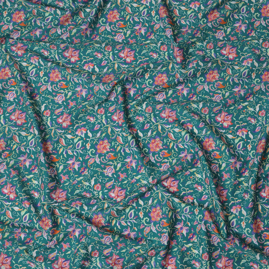 قماش قطني إسباني فاخر مطبوع عليه زهور، أزرق مخضر ومتعدد الألوان، بلمسة نهائية من الساتان - عرض 140 سم، إسبانيا - D22052