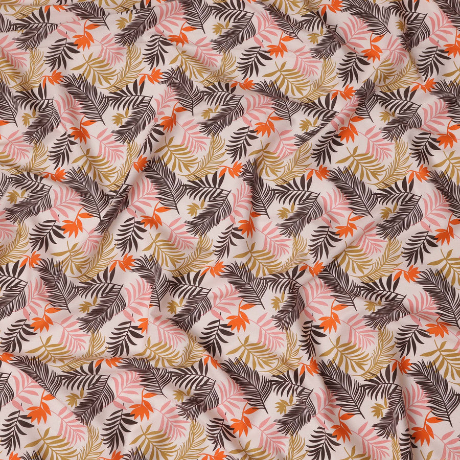 قماش قطني إسباني فاخر مطبوع عليه زهور، لون بيج ومتعدد الألوان، بلمسة نهائية من الساتان - عرض 140 سم، إسبانيا - D22053