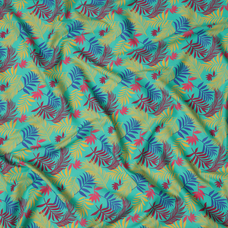 قماش قطني إسباني فاخر مطبوع عليه زهور، فيروزي ومتعدد الألوان، بلمسة نهائية من الساتان - عرض 140 سم، إسبانيا - D22054