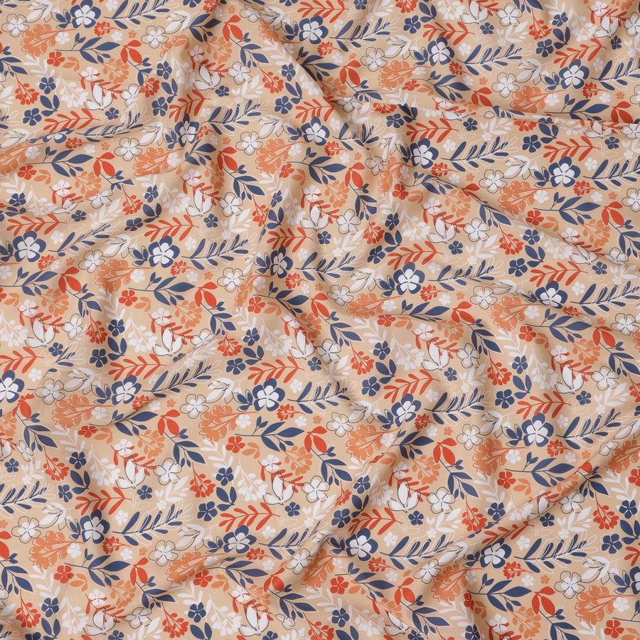 قماش قطني إسباني فاخر مطبوع عليه زهور، لون بيج ومتعدد الألوان، بلمسة نهائية من الساتان - عرض 140 سم، إسبانيا - D22056
