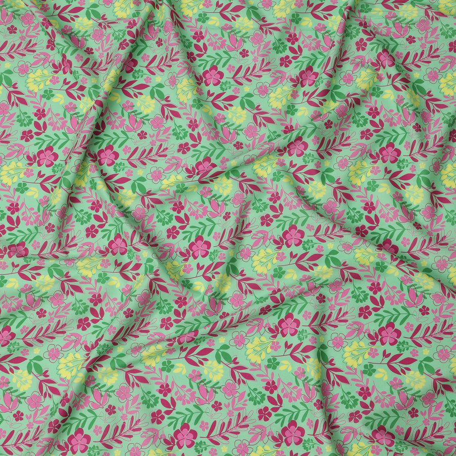 قماش قطني إسباني فاخر مطبوع عليه زهور، أخضر ومتعدد الألوان، بلمسة نهائية من الساتان - عرض 140 سم، إسبانيا - D22057