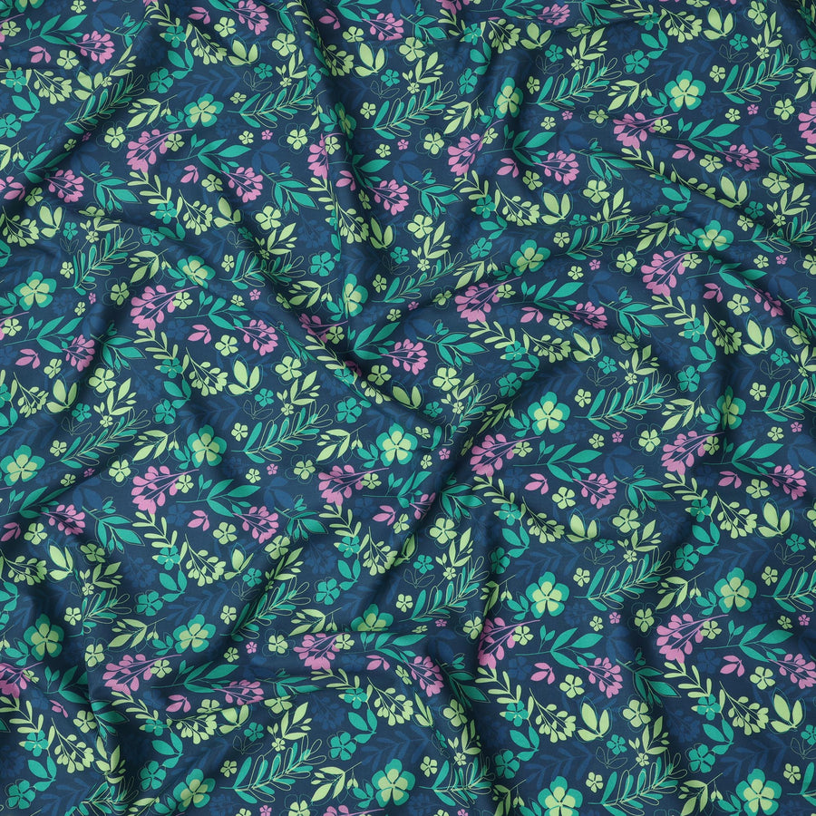 قماش قطني إسباني فاخر مطبوع عليه زهور، أزرق بترولي ومتعدد الألوان، بلمسة نهائية من الساتان - عرض 140 سم، إسبانيا - D22058