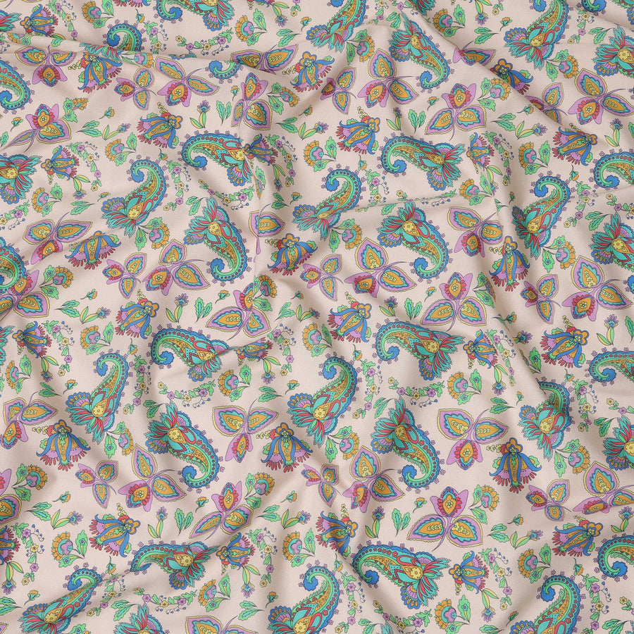 قماش قطني إسباني فاخر مطبوع عليه زهور، لون بيج ومتعدد الألوان، بلمسة نهائية من الساتان - عرض 140 سم، إسبانيا - D22062