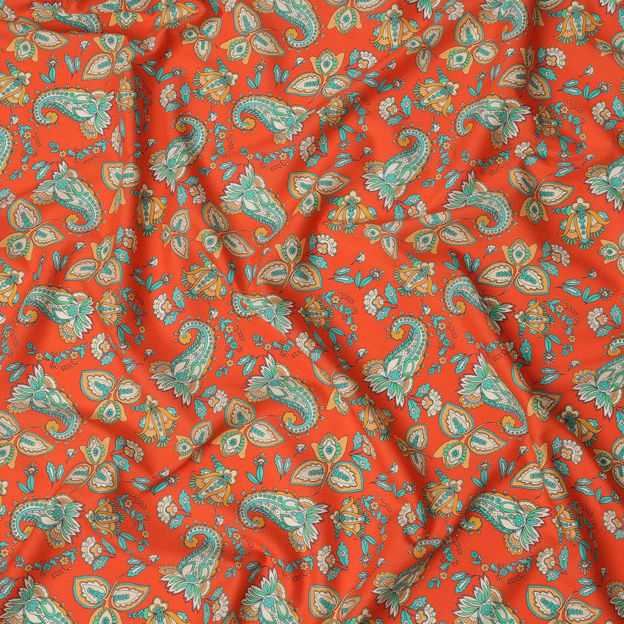 قماش قطني إسباني فاخر مطبوع عليه زهور باللونين البرتقالي والأخضر مع لمسة نهائية من الساتان - عرض 140 سم، إسبانيا - D22063