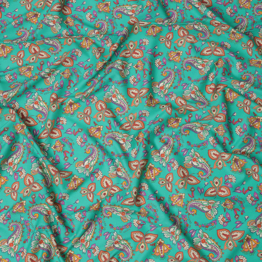 قماش قطني إسباني فاخر مطبوع عليه زهور، أزرق مخضر ومتعدد الألوان، بلمسة نهائية من الساتان - عرض 140 سم، إسبانيا - D22064