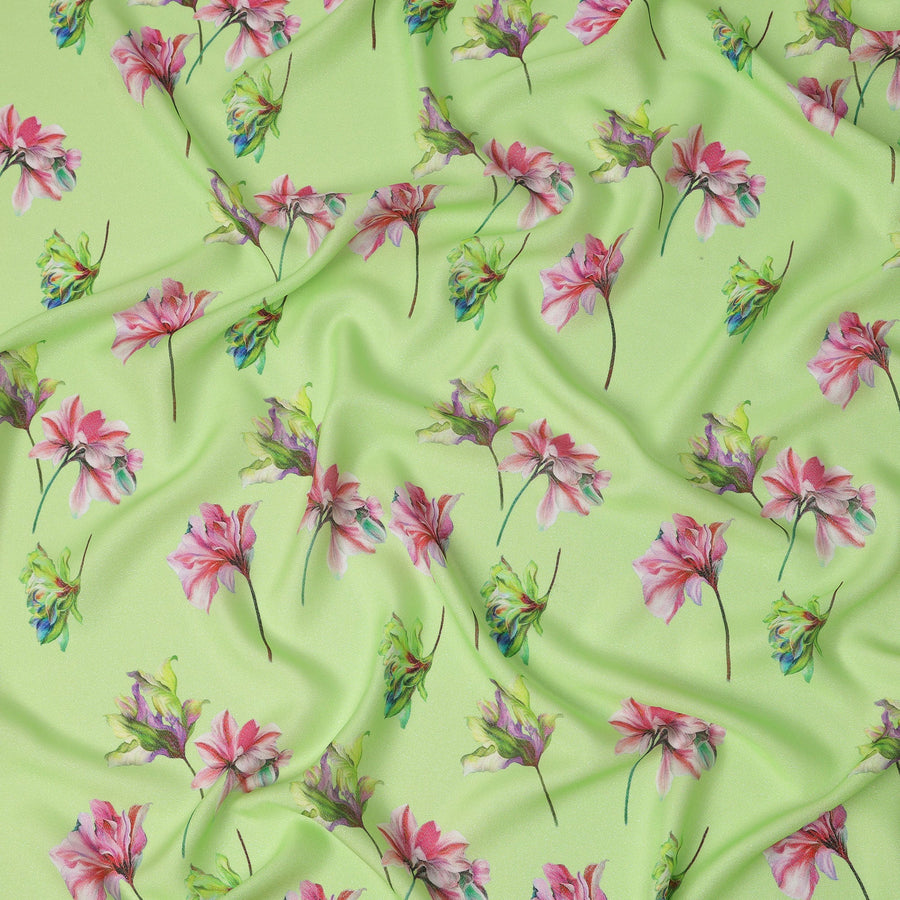 Light Green Pure Silk Satin Fabric with Floral Print, Width 140 Cms, South Korea-D22074