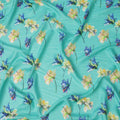Aqua Blue Pure Silk Satin Fabric with Floral Print, Width 140 Cms, South Korea-D22075