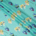 Aqua Blue Pure Silk Satin Fabric with Floral Print, Width 140 Cms, South Korea-D22075