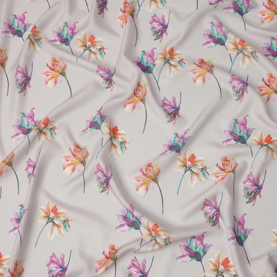 Light Grey Pure Silk Satin Fabric with Floral Print, Width 140 Cms, South Korea-D22076