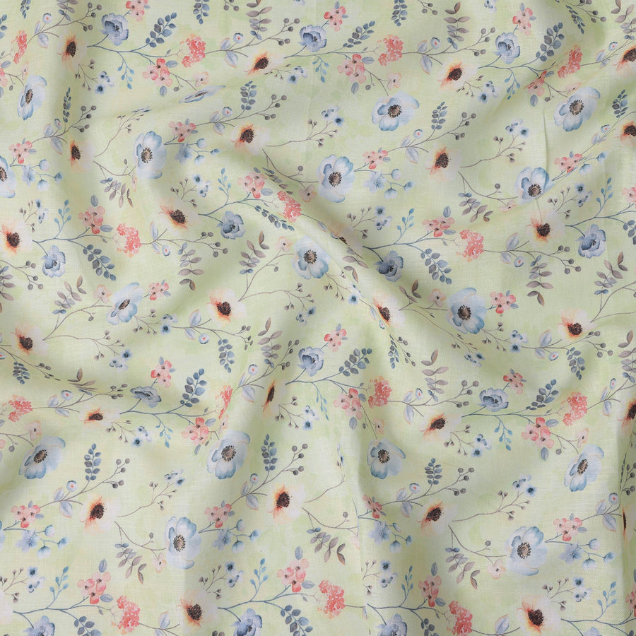 قماش كتان مخلوط بطبعة زهور باللون الأخضر الباستيل - عرض 140 سم - قماش هندي فاخر - D22199