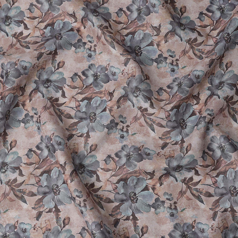 قماش كتان مخلوط بطبعة زهور رمادية داكنة - عرض 140 سم - قماش هندي فاخر - D22202