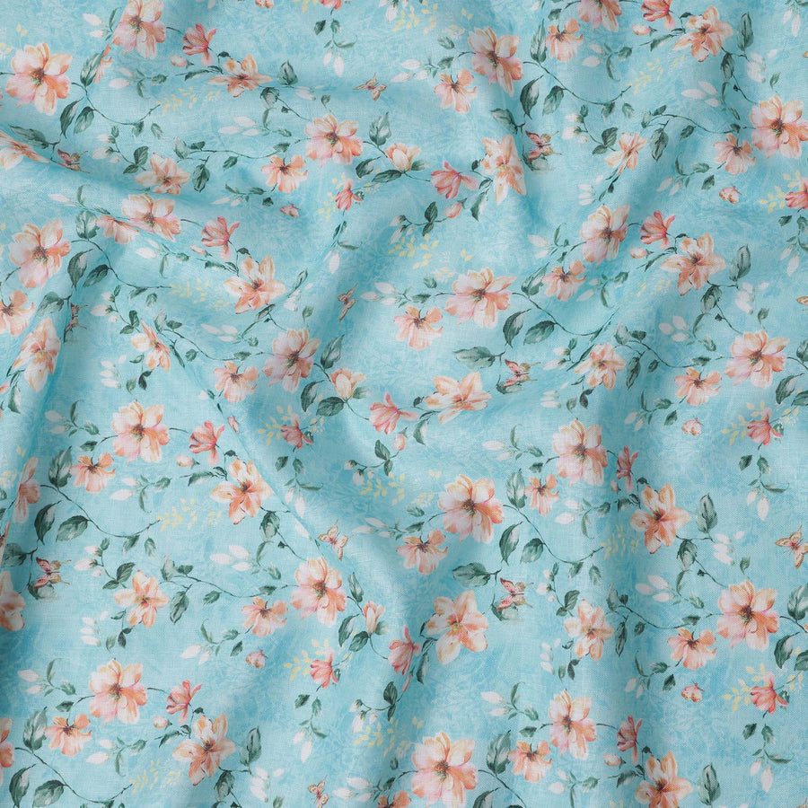 قماش كتان مخلوط بطبعة زهور باللون الأزرق المائي - عرض 140 سم - قماش هندي فاخر - D22206