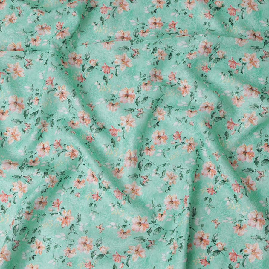 قماش كتان مخلوط بطبعة زهور باللون الأخضر النعناعي - عرض 140 سم - قماش هندي فاخر - D22207