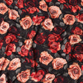 Black Pure Silk Satin Fabric with Red & Peach Rose Print – 140 cm, Imported from Spain-D22274