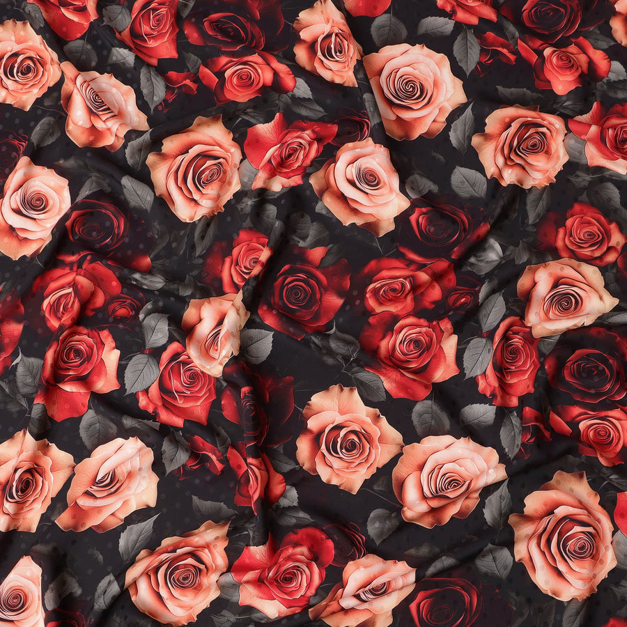 Black Pure Silk Satin Fabric with Red & Peach Rose Print – 140 cm, Imported from Spain-D22274