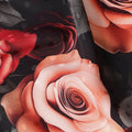 Black Pure Silk Satin Fabric with Red & Peach Rose Print – 140 cm, Imported from Spain-D22274