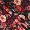Black Pure Silk Satin Fabric with Red & Peach Rose Print – 140 cm, Imported from Spain-D22274
